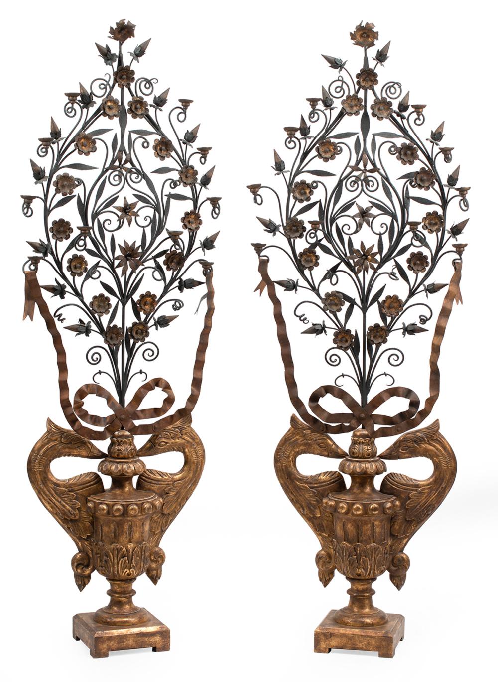 Appraisal: Pair of Spanish Carved Giltwood and Wrought Iron Ten-Light Candelabra