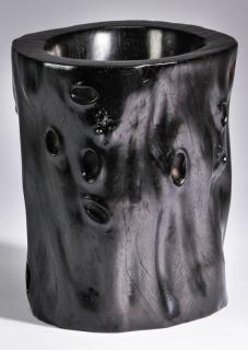 Appraisal: Chinese tree trunk Chinese figural ebonized wood brush pot carved