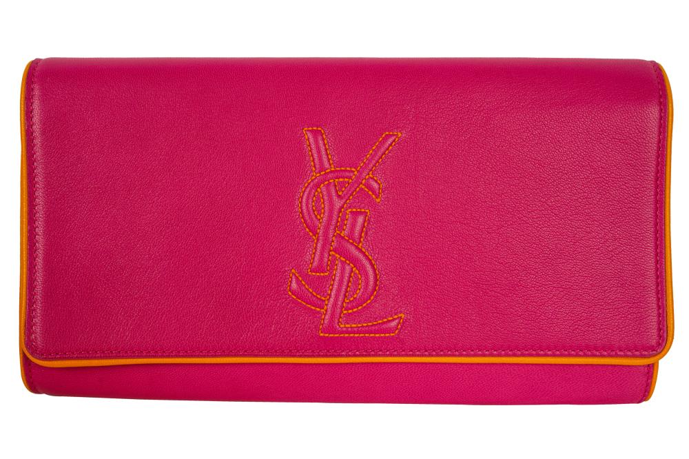 Appraisal: YVES SAINT LAURENT PINK LEATHER CLUTCHcirca with orange stitching and