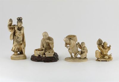 Appraisal: Four Japanese ivory figures one of a bijin playing a