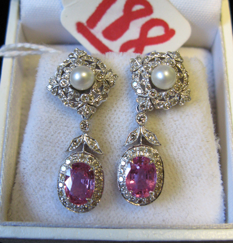 Appraisal: PAIR OF PINK SAPPHIRE PEARL DIAMOND AND EIGHTEEN KARAT GOLD