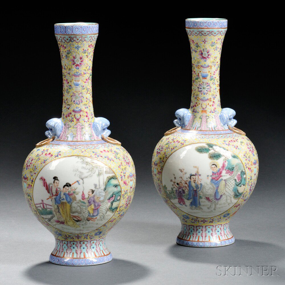 Appraisal: Pair of Famille Rose Yellow-ground Vases China bottle shape each