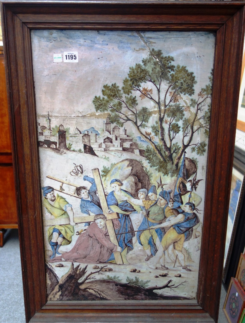 Appraisal: An Italian maiolica plaque mid th century possibly Sienna painted