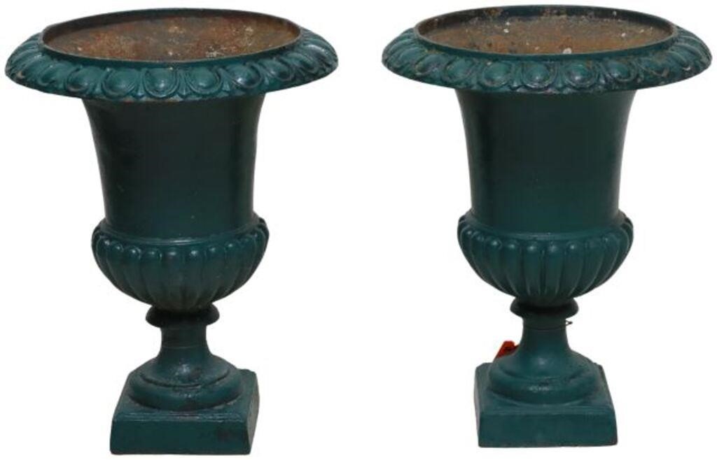 Appraisal: pair French cast iron campana-form garden urns in a green-painted