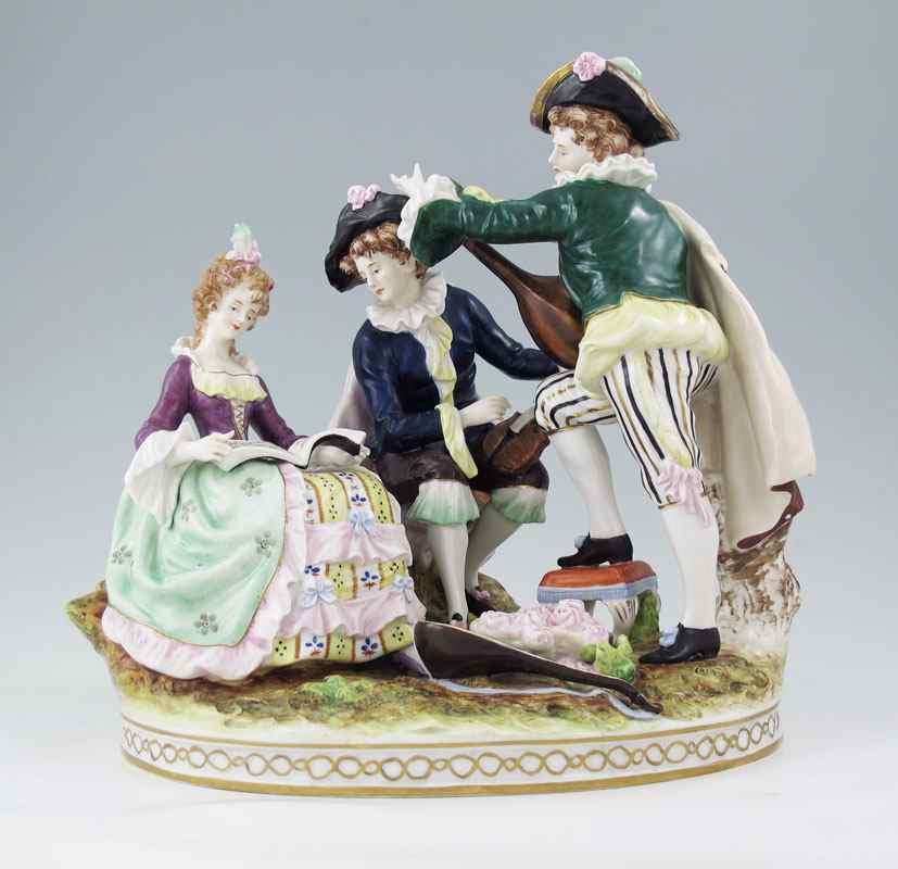 Appraisal: LARGE GERMAN PORCELAIN FIGURAL GROUP Three figures in active musical