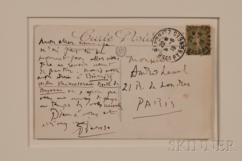 Appraisal: Picasso Pablo - Autograph note signed on a postcard August