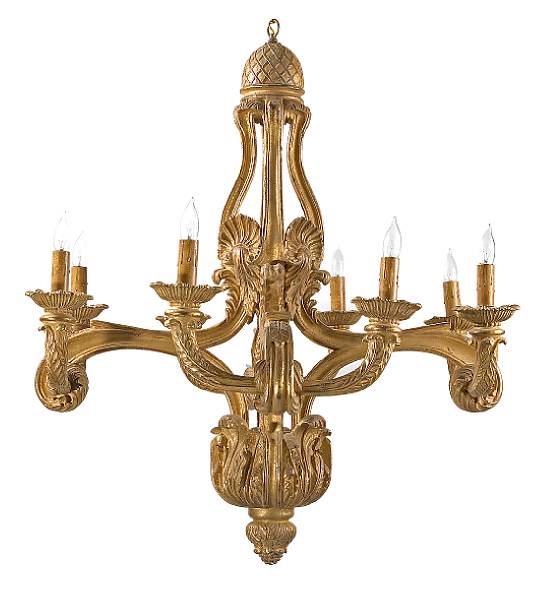 Appraisal: A Baroque style giltwood eight light chandelier The central foliate