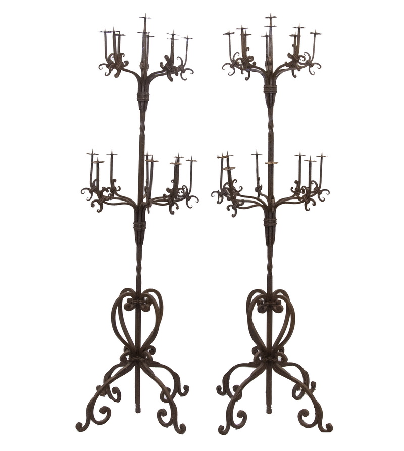 Appraisal: PR IRON FLOOR STANDING CANDELABRA Pair of Circa Wrought Iron