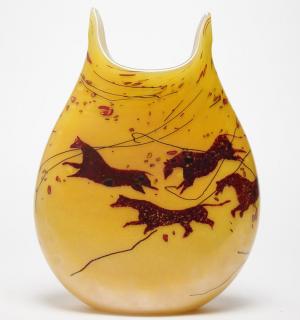 Appraisal: J H Fields Art Glass Horse Petroglyphs Vase John and