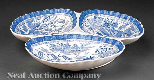 Appraisal: An English Ironstone Blue Transfer-Decorated Sweetmeat Tray three scalloped wells