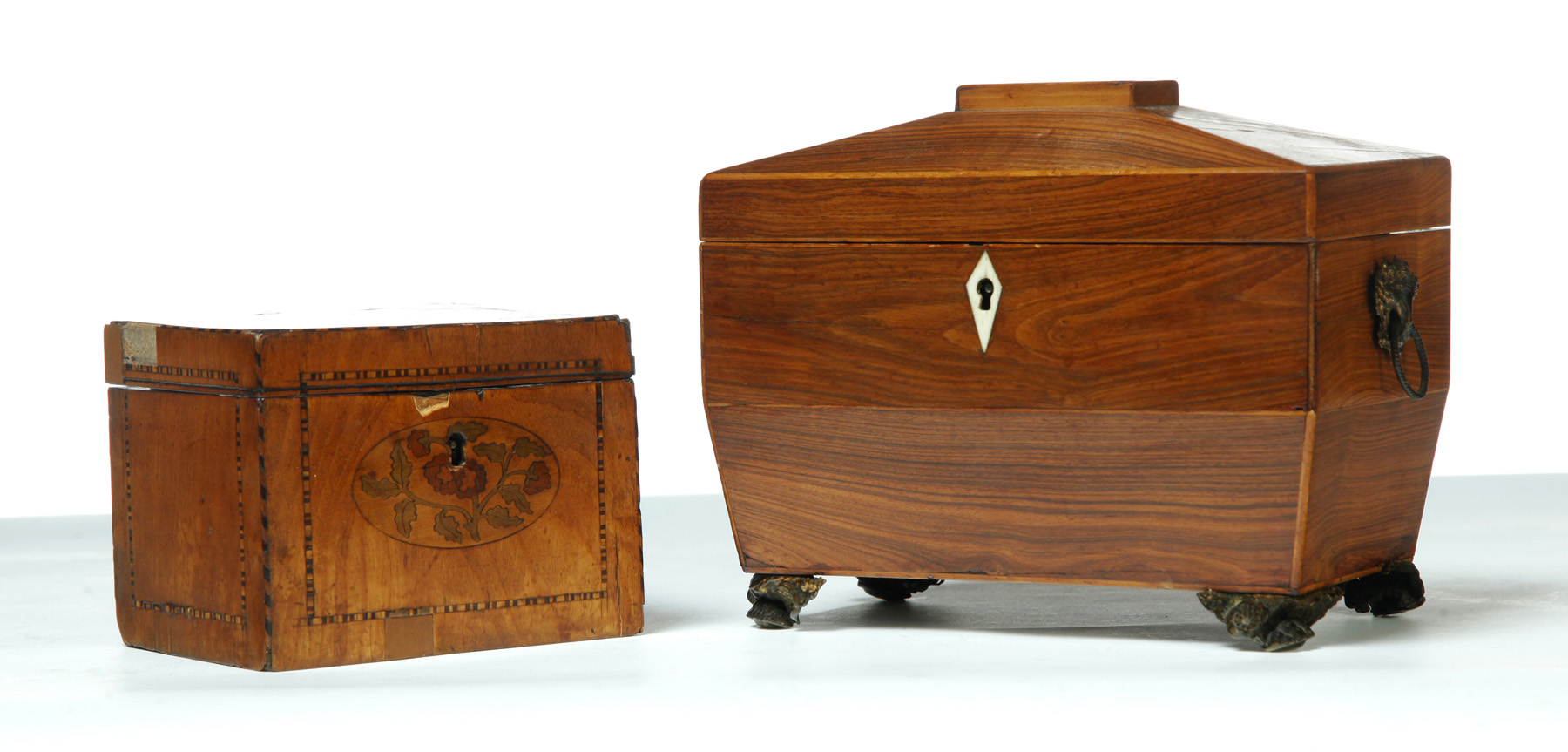 Appraisal: TWO WOODEN BOXES England mid- th century Sarcophagus-shaped tea caddy