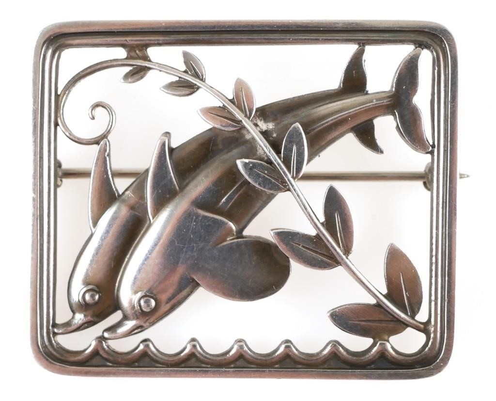 Appraisal: Signed Georg Jensen sterling modernist jumping dolphins brooch Designed by