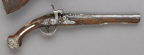 Appraisal: A silver-mounted continental percussion conversion pistol for the eastern marketprobably