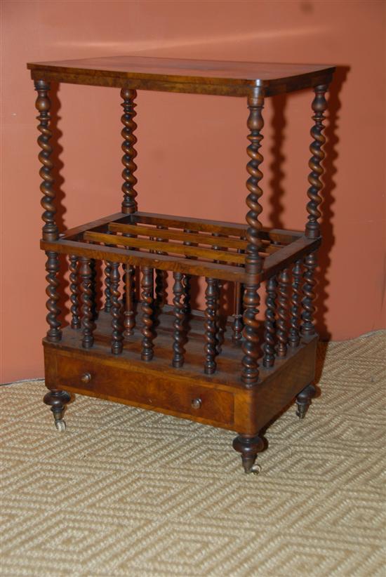 Appraisal: ENGLISH EDWARDIAN WALNUT AND MAHOGANY TWO-TIERED CANTERBURY Barley twist supports