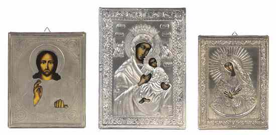 Appraisal: Three Eastern European Oklad Icons each of rectangular form depicting