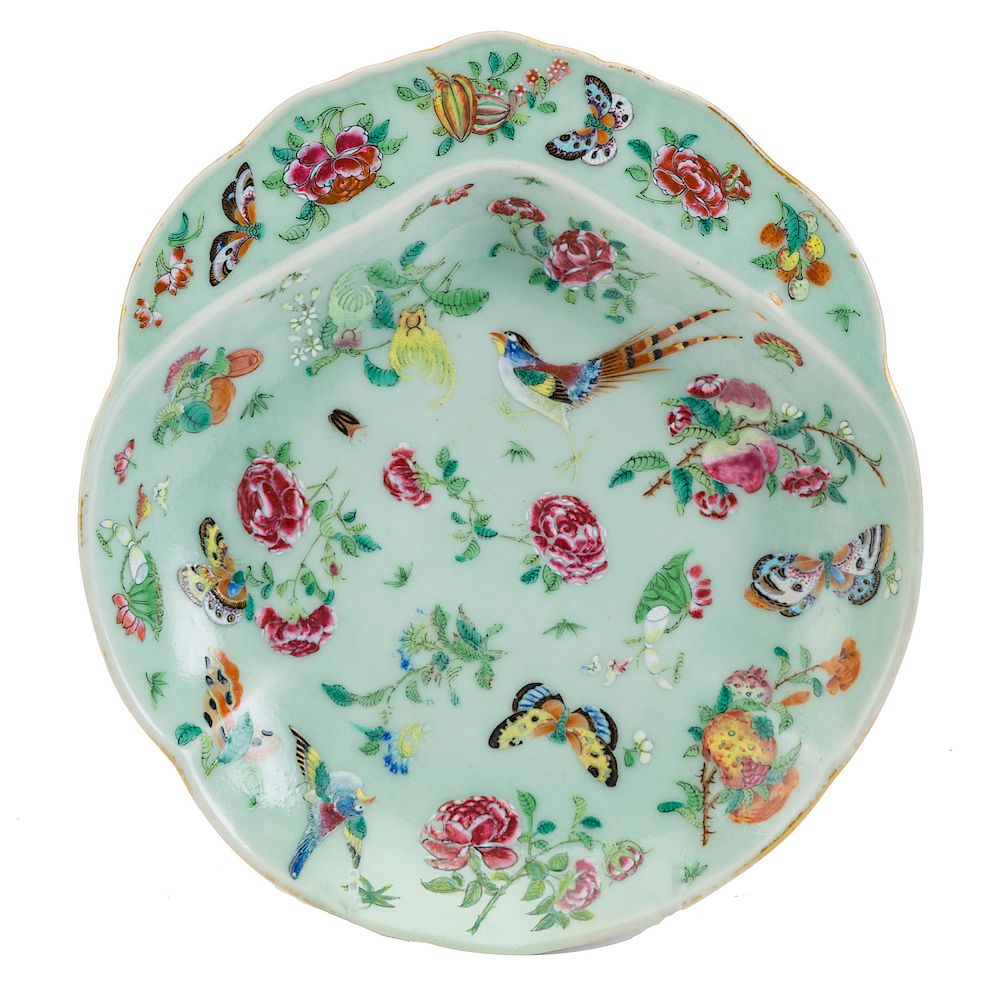 Appraisal: Chinese Export Famille Rose shrimp dish circa celadon ground with