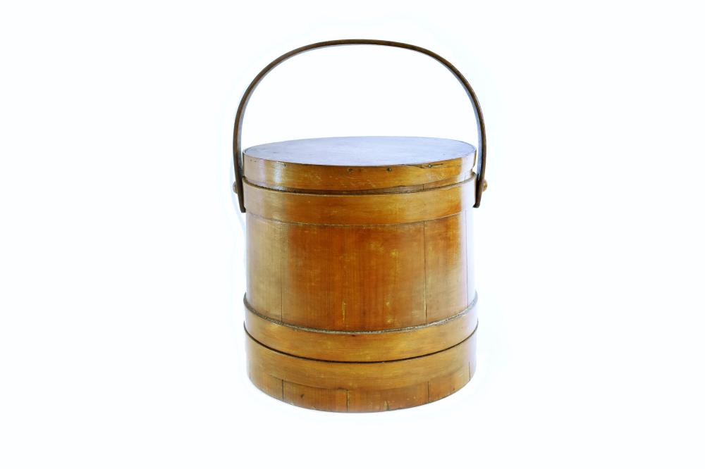 Appraisal: ANTIQUE MAPLE AND HICKORY FIRKINWith a pail handle Height in