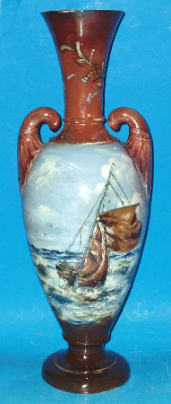 Appraisal: A Bretby Two Handled Vase Handpainted With Boat on Stormy