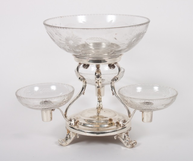 Appraisal: American silver-plated epergne three arms with etched glass bowls