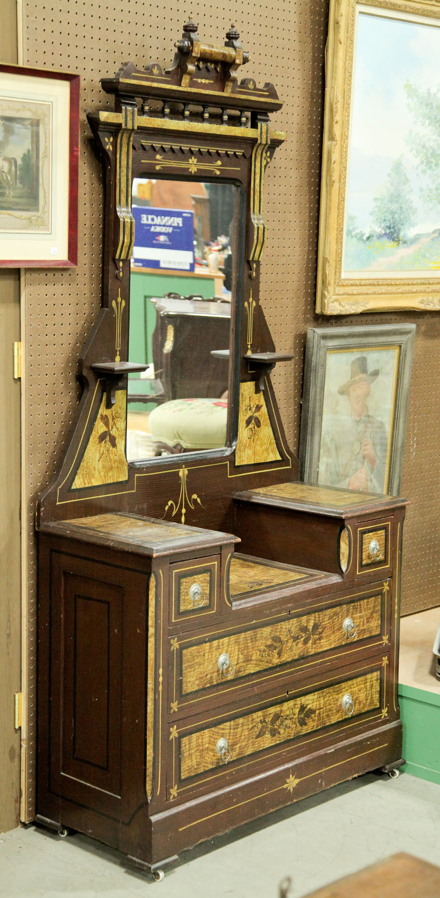 Appraisal: PAINT DECORATED CHEST WITH MIRROR American late th century Brown