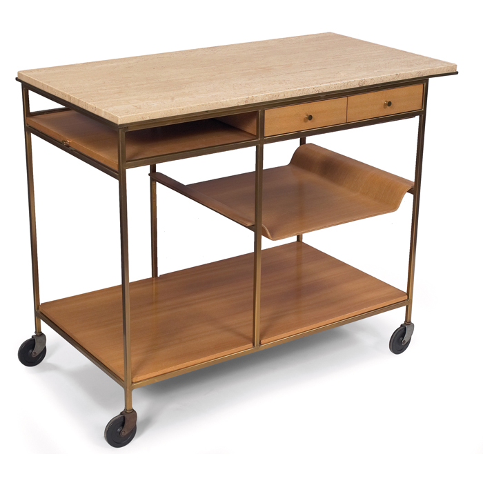 Appraisal: Paul McCobb serving cart by Calvin square tubular brass frame