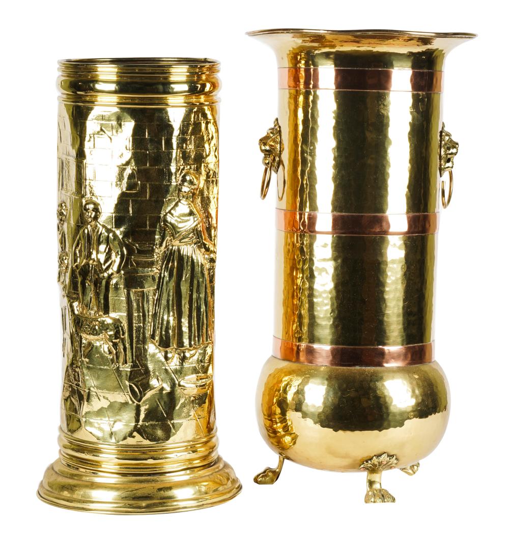 Appraisal: TWO ASSORTED BRASS UMBRELLA STANDSthe first depicting figures in an