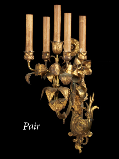 Appraisal: Pair of Gilt-Lacquered Brass Five-Light Sconces ca each with its