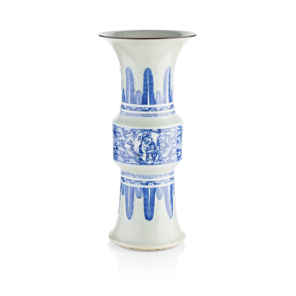 Appraisal: CELADON GLAZED BLUE AND WHITE DECORATED BEAKER VASE GU QING