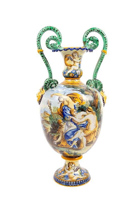 Appraisal: An Italian Majolica Urn Height inches An Italian Majolica Urn