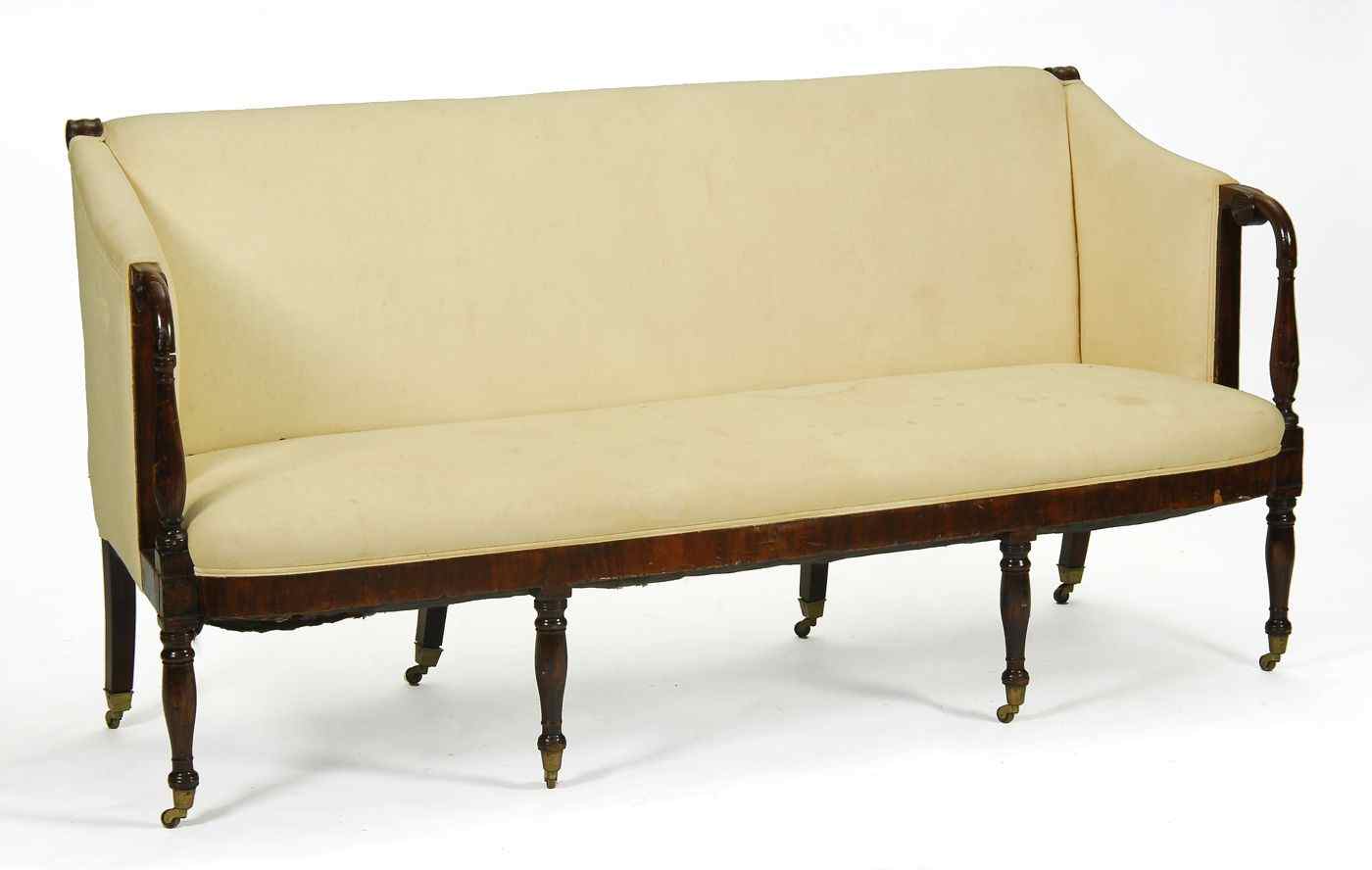 Appraisal: ANTIQUE AMERICAN SHERATON SOFACirca Mahogany frame Turned legs on brass