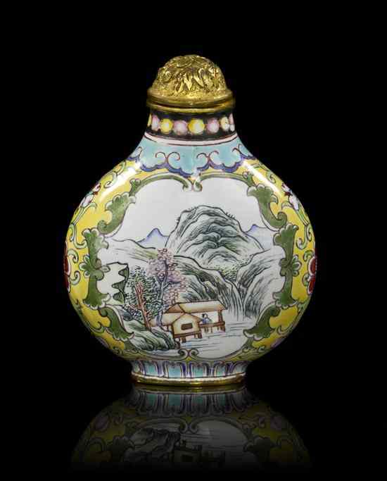 Appraisal: A Chinese Enameled and Gilt Metal Snuff Bottle of compressed