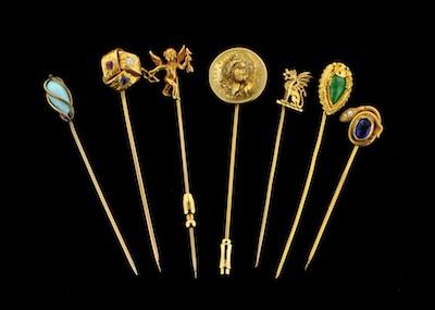 Appraisal: A Collection of Gold and Gemstone Hat Pins Containing a