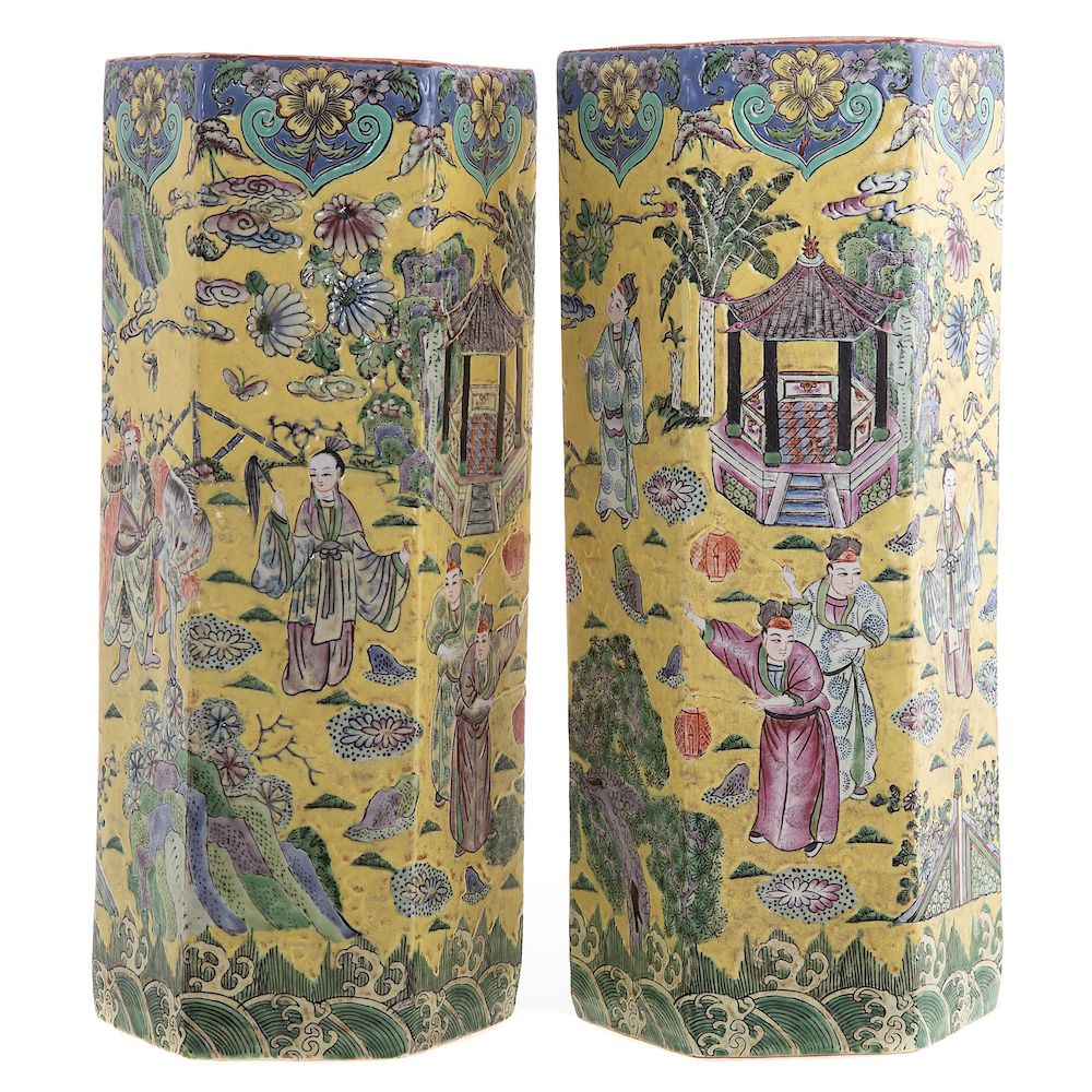 Appraisal: Pair Chinese Export Famille Jaune Hexagonal Vases th century matched