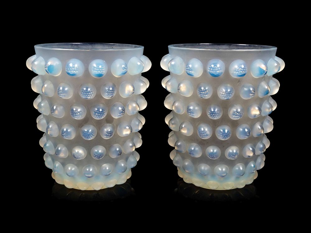 Appraisal: Rene Lalique Rene Lalique Circa pair of Mossi vases opalescent