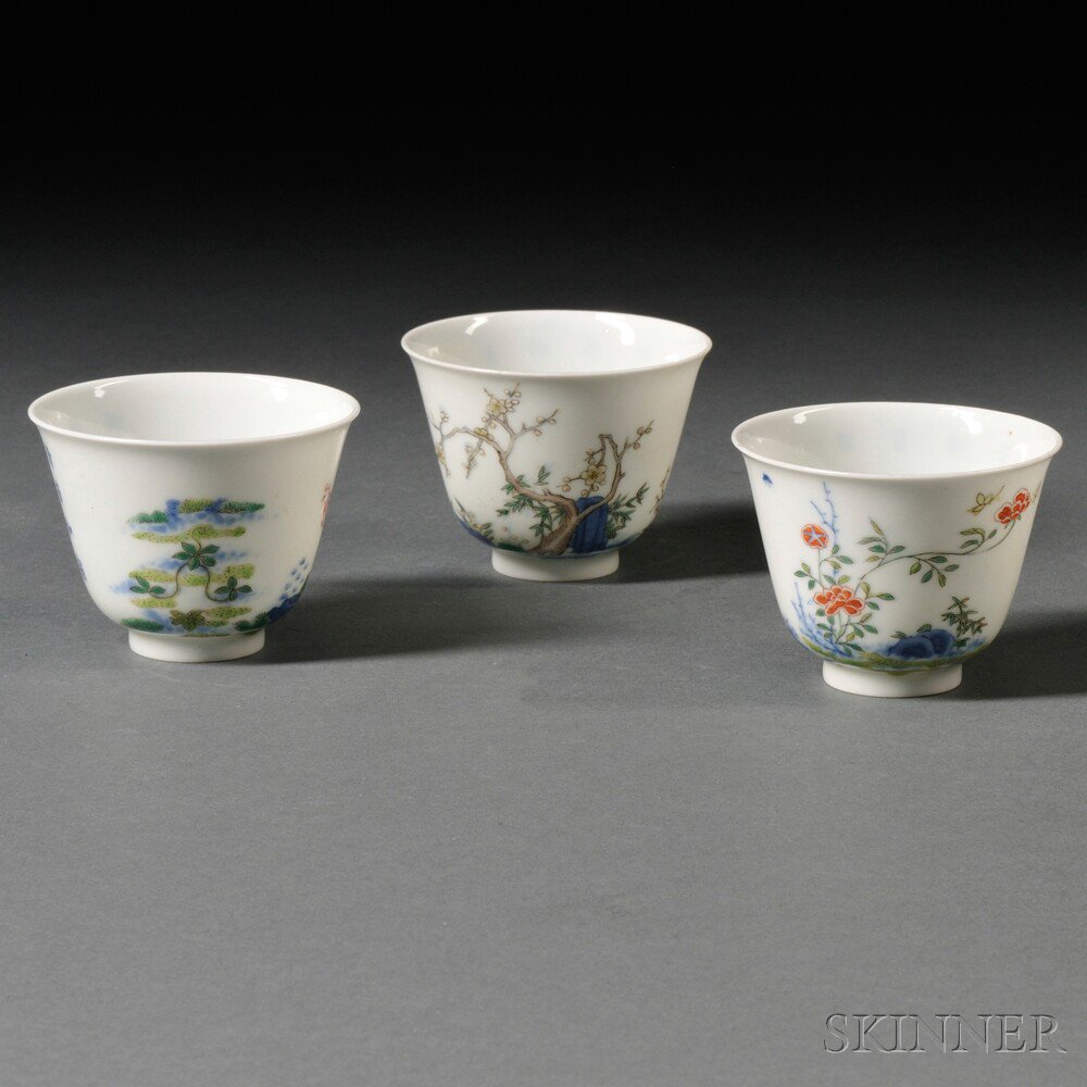 Appraisal: Three Enamel Cups China each with deep rounded sides rising