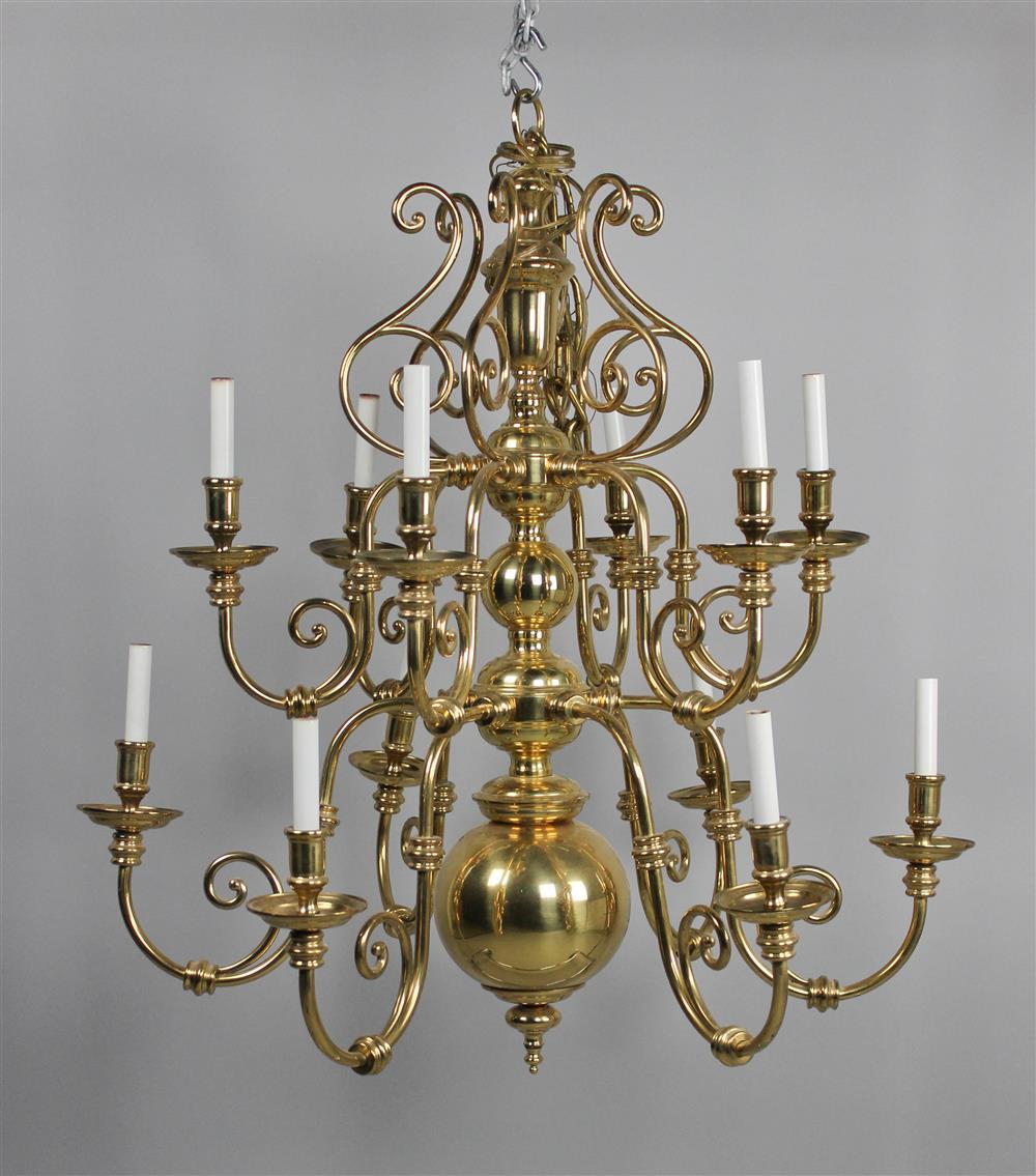 Appraisal: DUTCH STYLE HEAVY BRASS CHANDELIER two-tiered with lights total -