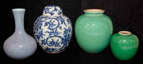 Appraisal: FOUR PIECES OF CHINESE PORCELAIN- B W VASE WITH COVER