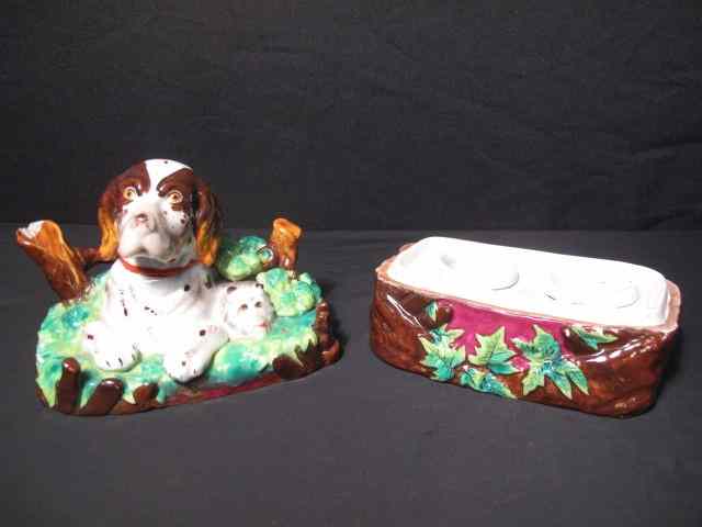 Appraisal: th century English Staffordshire figural porcelain inkwell depicting a dog