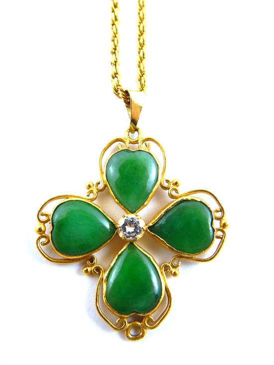 Appraisal: JEWELRY Jade and diamond four leaf clover pendant and chain