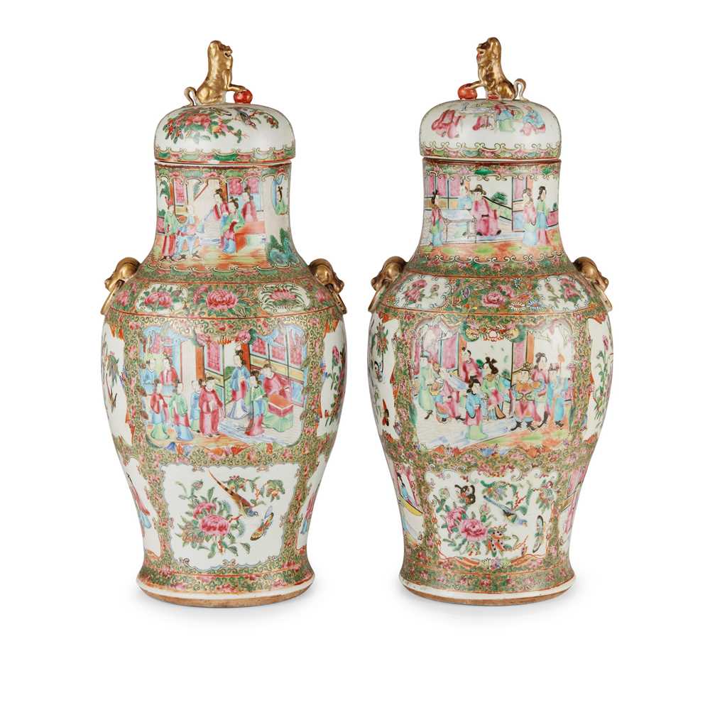 Appraisal: PAIR OF CANTON FAMILLE ROSE VASES WITH COVERS QING DYNASTY