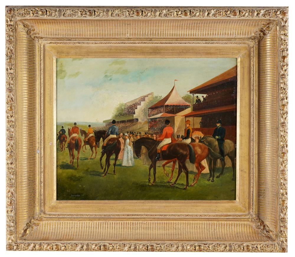 Appraisal: HORSE RACING SCENEoil on canvas laid down on panel appears