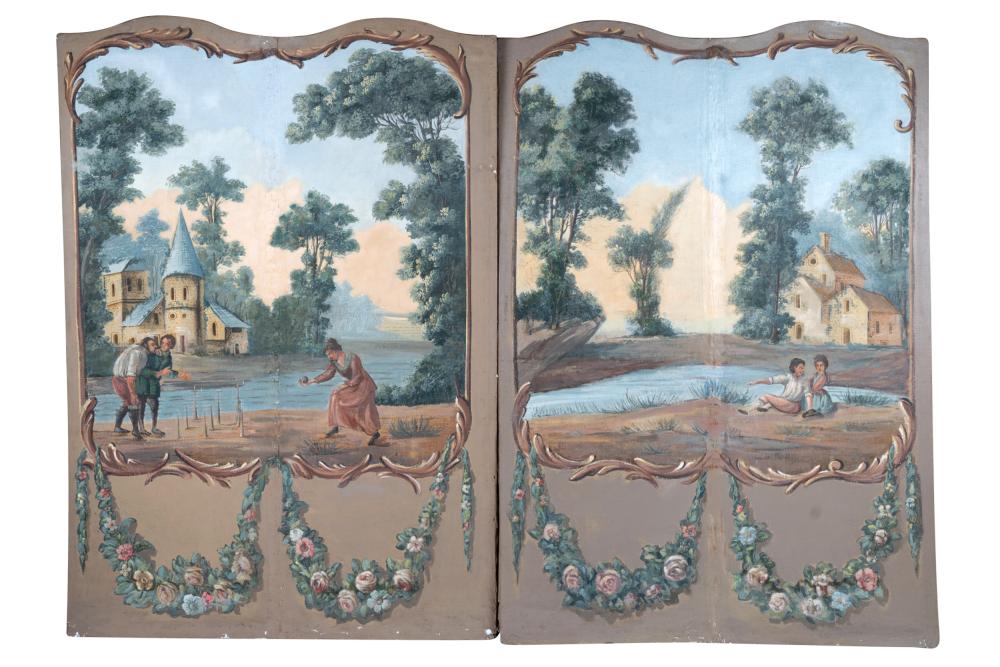 Appraisal: PAIR OF PAINTED FABRIC PANELSfour panel screen converted to a