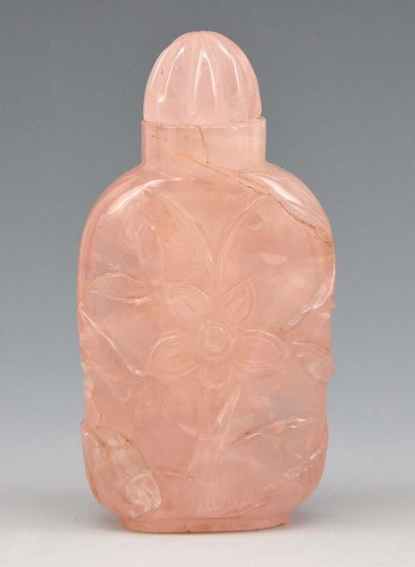 Appraisal: Chinese rose quartz snuff bottle carved with flowers Chinese rose