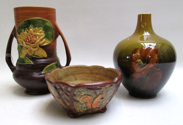 Appraisal: THREE ART POTTERY VASES Rookwood dated H Roseville - Water