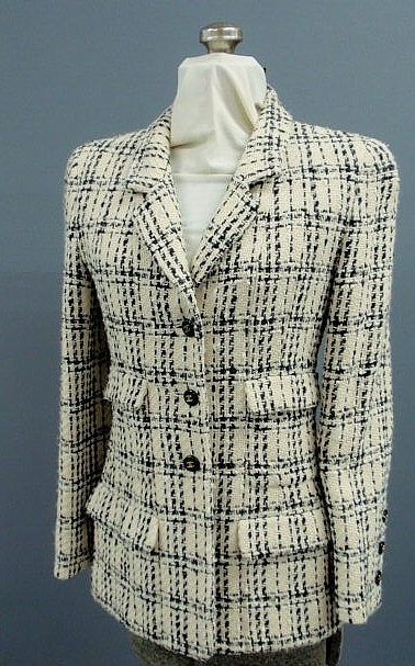 Appraisal: Chanel Boutique cream and black plaid wool blend long jacket