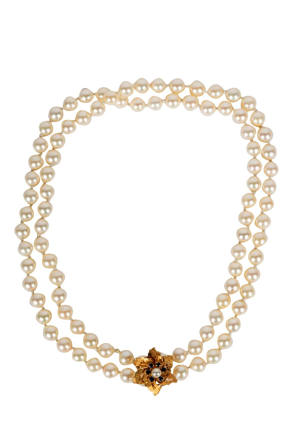 Appraisal: KARAT YELLOW GOLD SAPPHIRE CULTURED PEARL NECKLACEcontaining spherical drilled saltwater