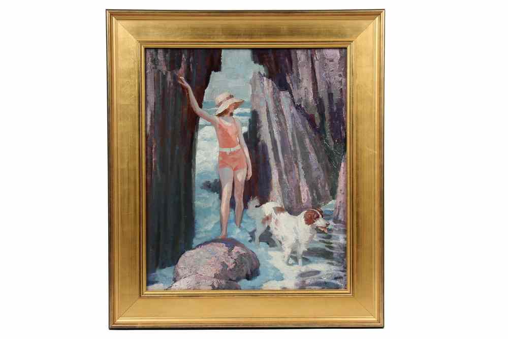 Appraisal: OOB - Woman in Sunhat with Dog on Rocky Beach