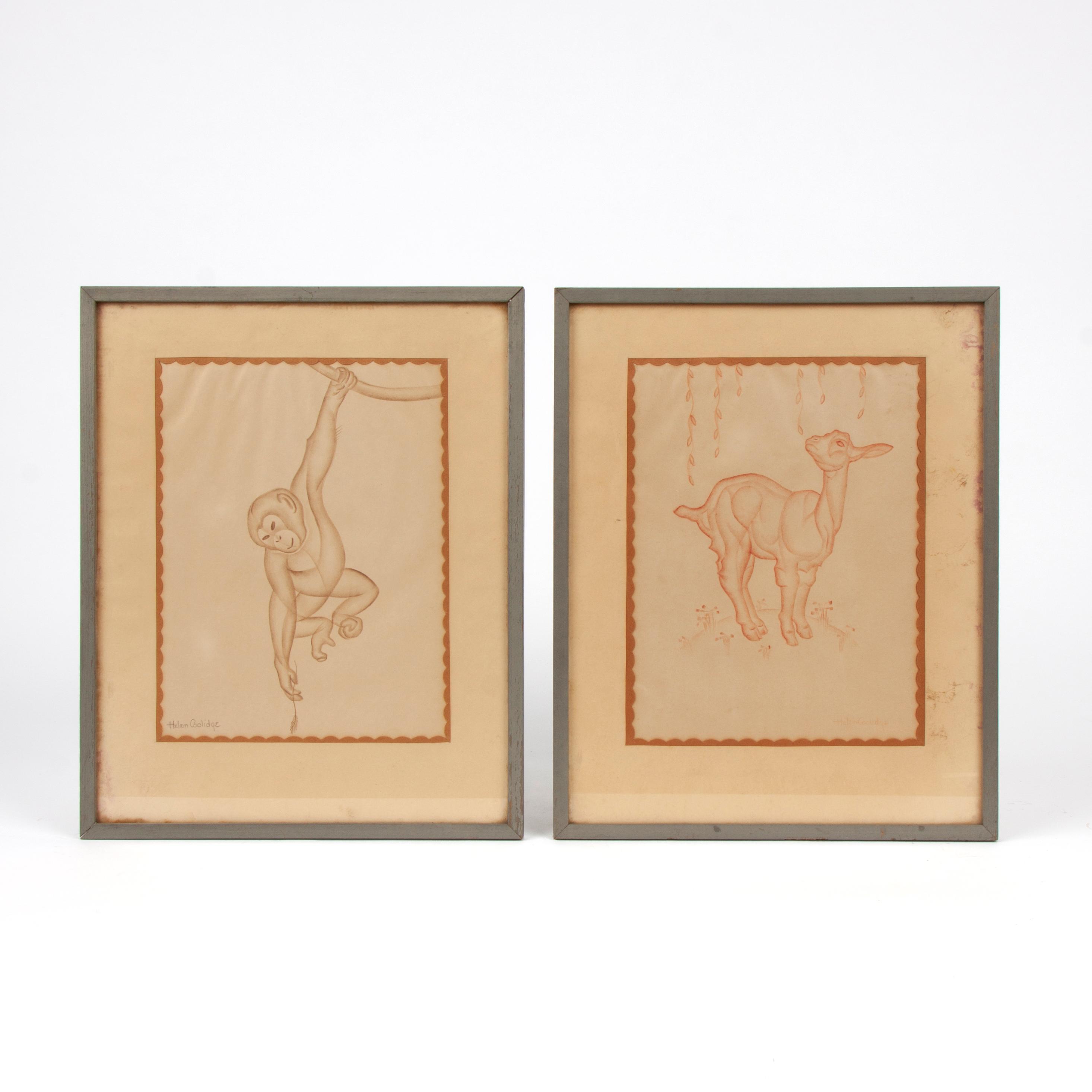 Appraisal: HELEN COOLIDGE PAIR OF ANIMAL DRAWINGS CIRCA A pair of