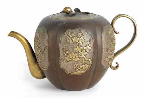 Appraisal: Japanese bronze teapot late th early th c with gilt