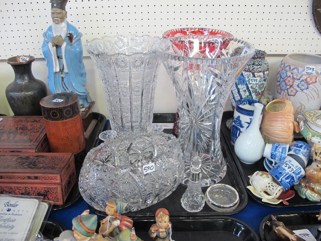 Appraisal: Tray of cut glass to include vases silver mounted scent